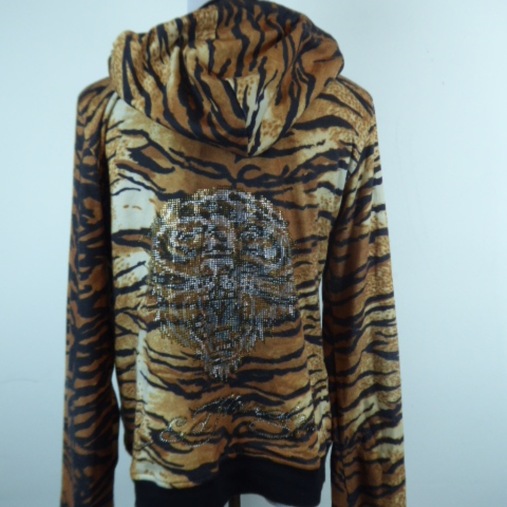 ED HARDY SKULL CRYSTAL animal print reversible black zip HOODIE Jacket vintage L